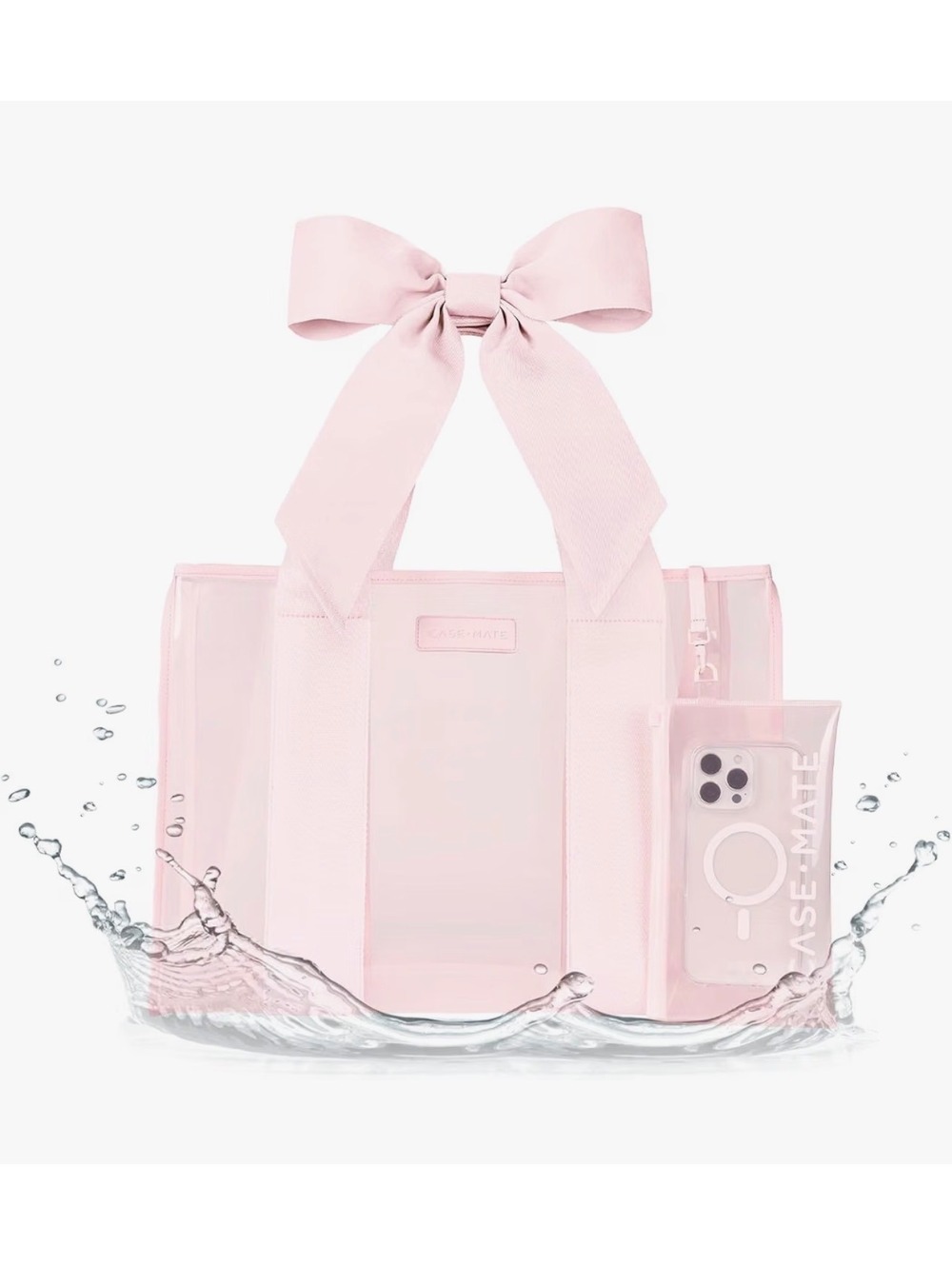 Case-Mate Pink Clear Tote Bag Double Bow Handles, Glossy, Removable Pouch NWT